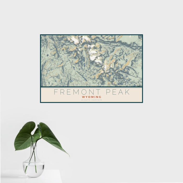 16x24 Fremont Peak Wyoming Map Print Landscape Orientation in Woodblock Style With Tropical Plant Leaves in Water