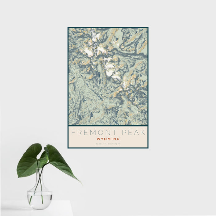 16x24 Fremont Peak Wyoming Map Print Portrait Orientation in Woodblock Style With Tropical Plant Leaves in Water
