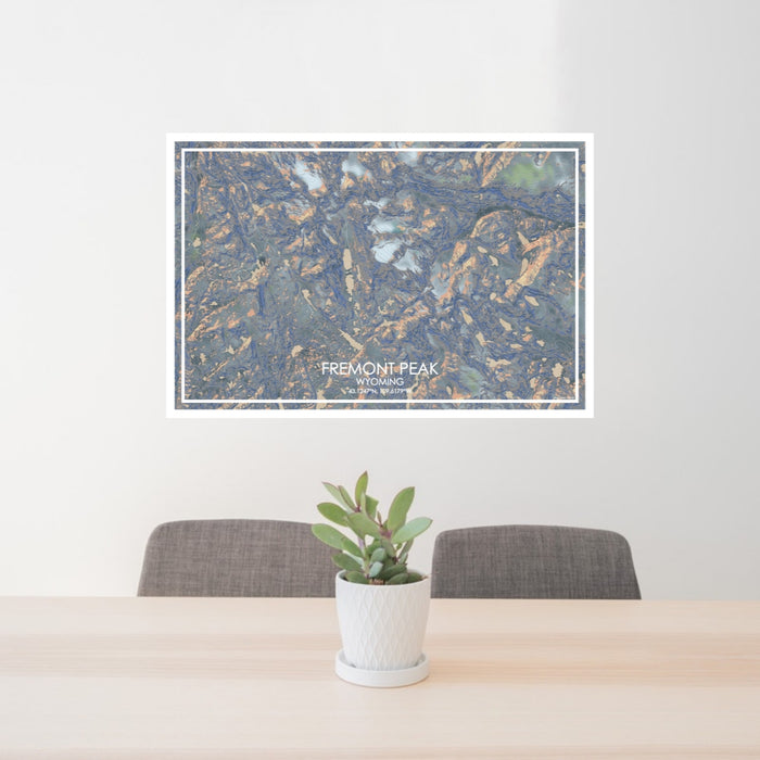24x36 Fremont Peak Wyoming Map Print Lanscape Orientation in Afternoon Style Behind 2 Chairs Table and Potted Plant