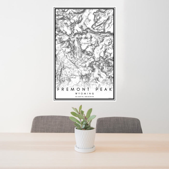 24x36 Fremont Peak Wyoming Map Print Portrait Orientation in Classic Style Behind 2 Chairs Table and Potted Plant