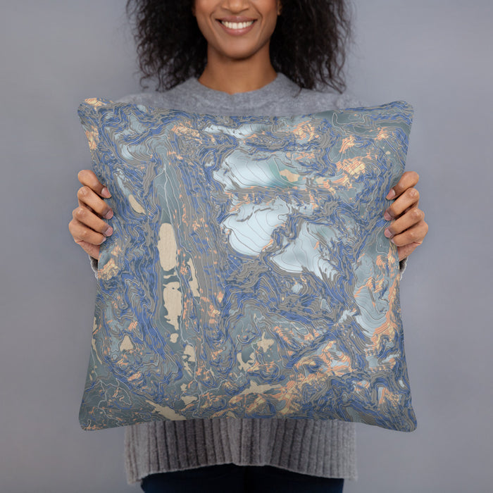 Person holding 18x18 Custom Fremont Peak Wyoming Map Throw Pillow in Afternoon