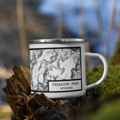 Right View Custom Fremont Peak Wyoming Map Enamel Mug in Classic on Grass With Trees in Background