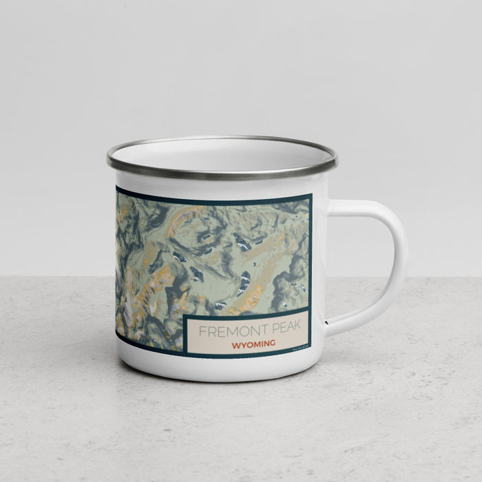 Right View Custom Fremont Peak Wyoming Map Enamel Mug in Woodblock