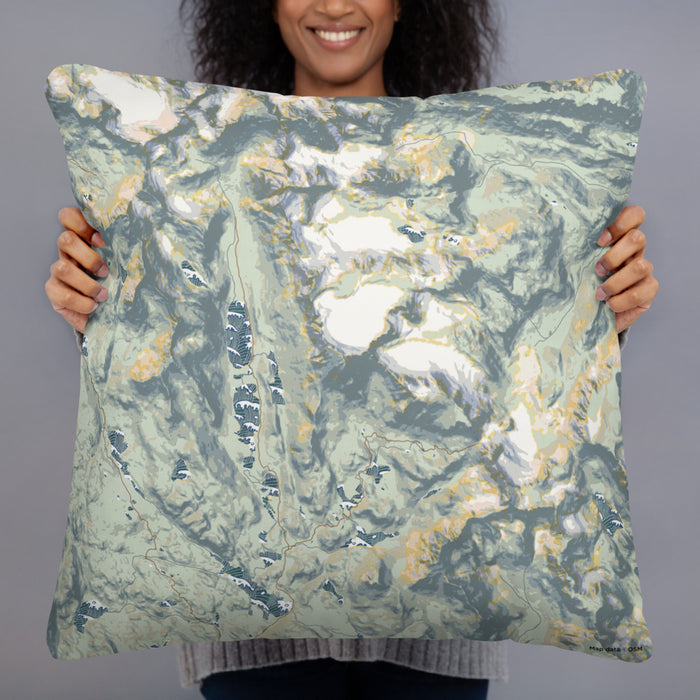 Person holding 22x22 Custom Fremont Peak Wyoming Map Throw Pillow in Woodblock