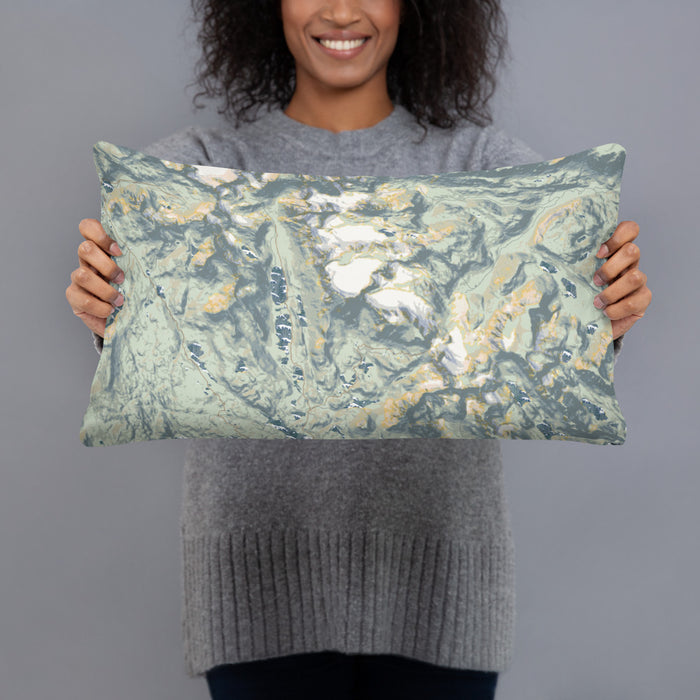 Person holding 20x12 Custom Fremont Peak Wyoming Map Throw Pillow in Woodblock