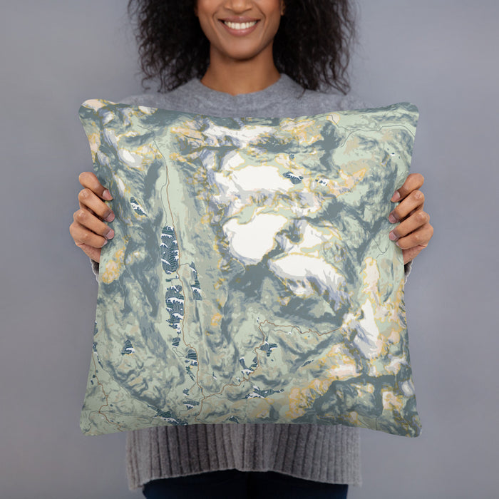 Person holding 18x18 Custom Fremont Peak Wyoming Map Throw Pillow in Woodblock
