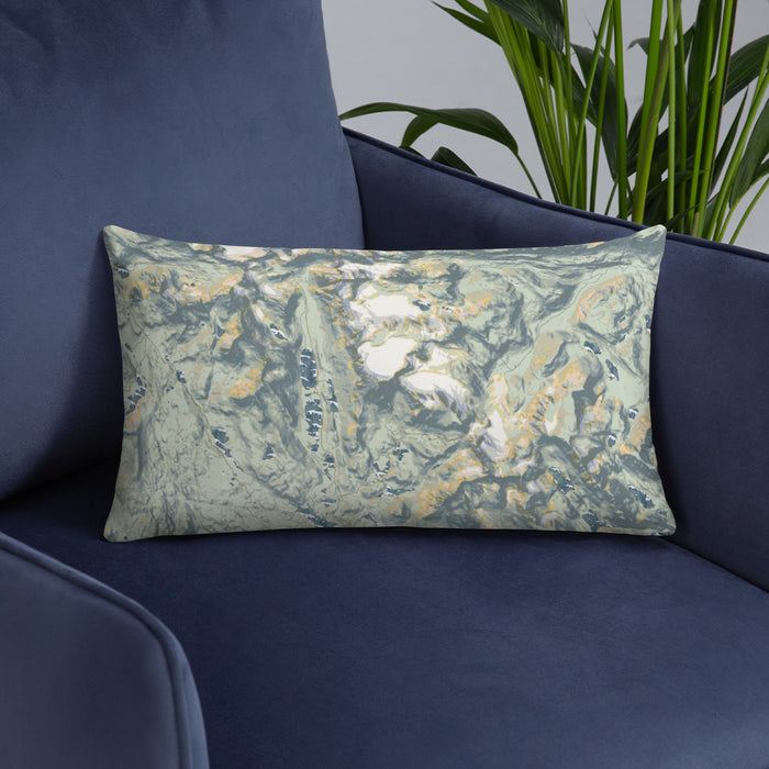 Custom Fremont Peak Wyoming Map Throw Pillow in Woodblock on Blue Colored Chair