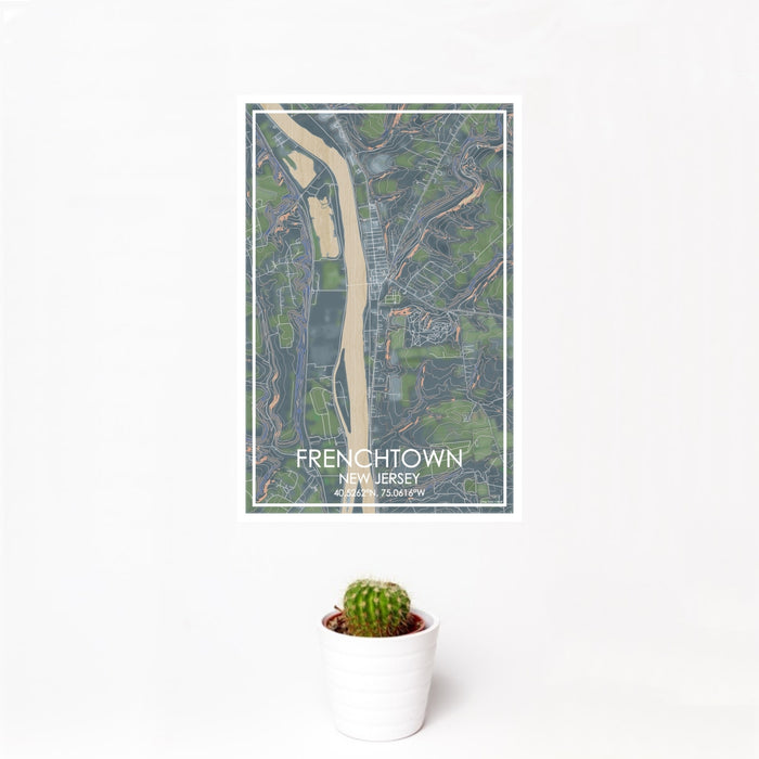 12x18 Frenchtown New Jersey Map Print Portrait Orientation in Afternoon Style With Small Cactus Plant in White Planter