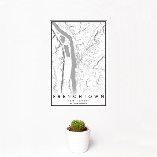 12x18 Frenchtown New Jersey Map Print Portrait Orientation in Classic Style With Small Cactus Plant in White Planter