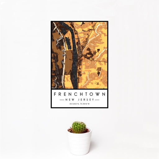 12x18 Frenchtown New Jersey Map Print Portrait Orientation in Ember Style With Small Cactus Plant in White Planter