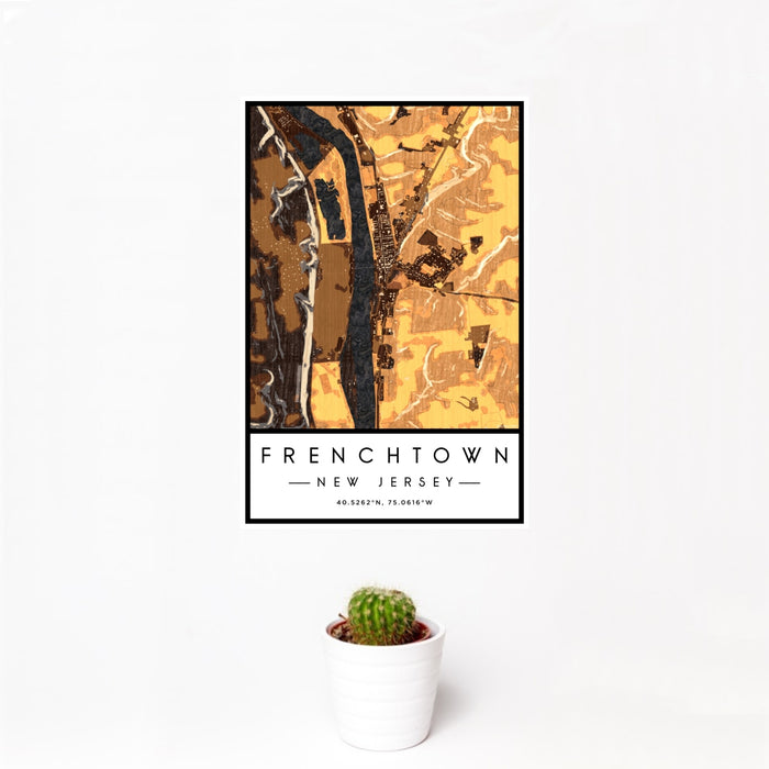 12x18 Frenchtown New Jersey Map Print Portrait Orientation in Ember Style With Small Cactus Plant in White Planter