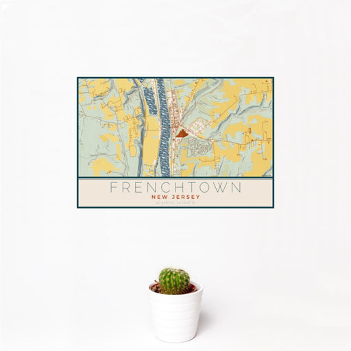 12x18 Frenchtown New Jersey Map Print Landscape Orientation in Woodblock Style With Small Cactus Plant in White Planter