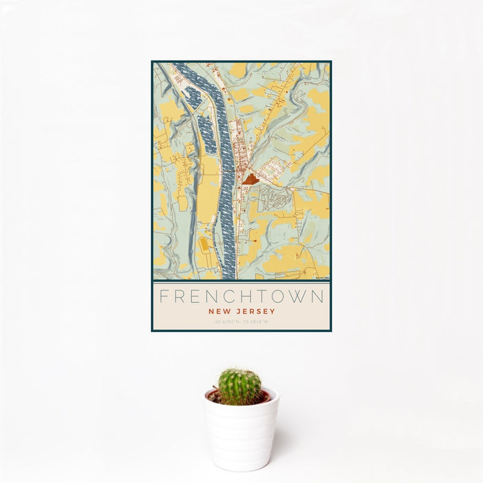 12x18 Frenchtown New Jersey Map Print Portrait Orientation in Woodblock Style With Small Cactus Plant in White Planter
