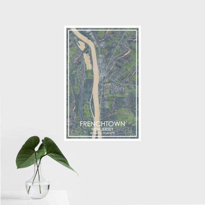 16x24 Frenchtown New Jersey Map Print Portrait Orientation in Afternoon Style With Tropical Plant Leaves in Water