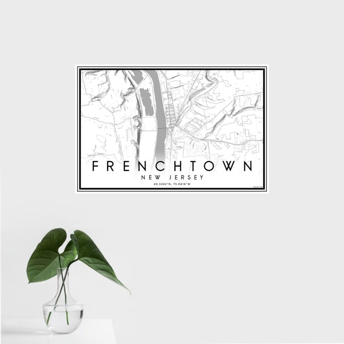 16x24 Frenchtown New Jersey Map Print Landscape Orientation in Classic Style With Tropical Plant Leaves in Water