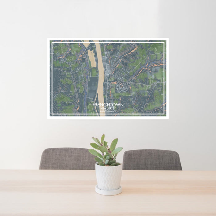 24x36 Frenchtown New Jersey Map Print Lanscape Orientation in Afternoon Style Behind 2 Chairs Table and Potted Plant