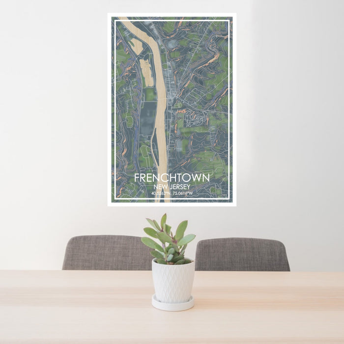24x36 Frenchtown New Jersey Map Print Portrait Orientation in Afternoon Style Behind 2 Chairs Table and Potted Plant
