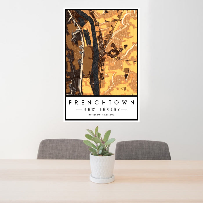 24x36 Frenchtown New Jersey Map Print Portrait Orientation in Ember Style Behind 2 Chairs Table and Potted Plant