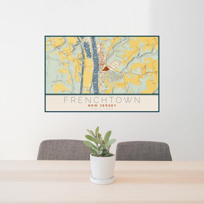 24x36 Frenchtown New Jersey Map Print Lanscape Orientation in Woodblock Style Behind 2 Chairs Table and Potted Plant