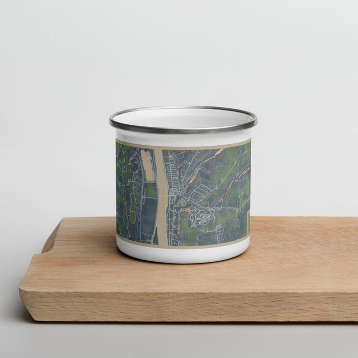 Front View Custom Frenchtown New Jersey Map Enamel Mug in Afternoon on Cutting Board