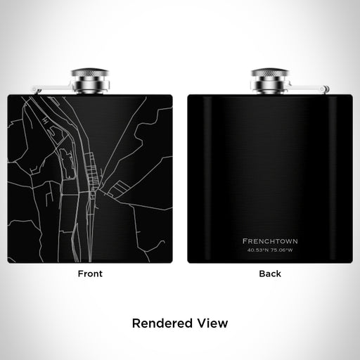 Rendered View of Frenchtown New Jersey Map Engraving on 6oz Stainless Steel Flask in Black