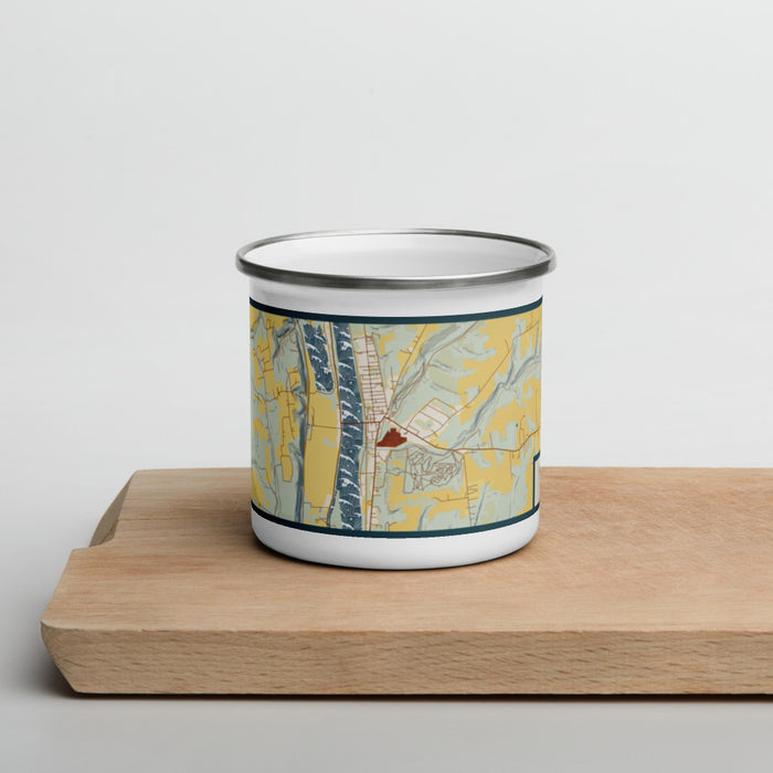 Front View Custom Frenchtown New Jersey Map Enamel Mug in Woodblock on Cutting Board