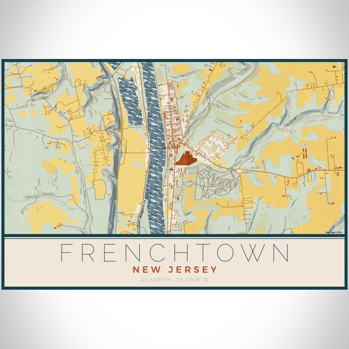 Frenchtown New Jersey Map Print Landscape Orientation in Woodblock Style With Shaded Background