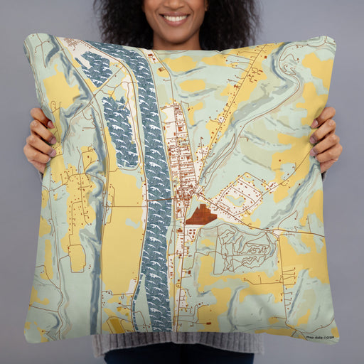 Person holding 22x22 Custom Frenchtown New Jersey Map Throw Pillow in Woodblock