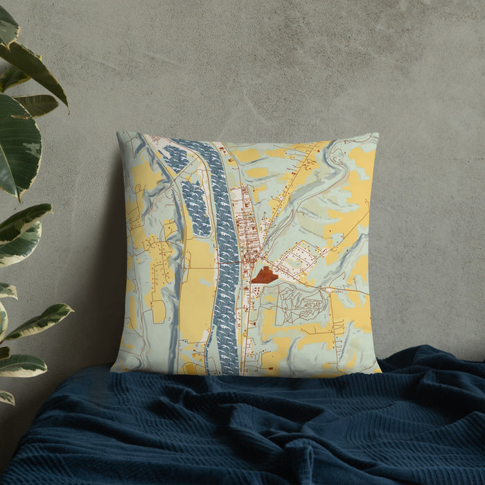 Custom Frenchtown New Jersey Map Throw Pillow in Woodblock on Bedding Against Wall