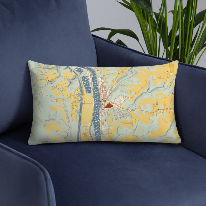Custom Frenchtown New Jersey Map Throw Pillow in Woodblock on Blue Colored Chair
