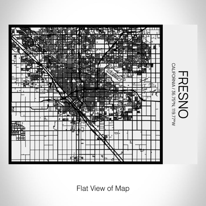 Rendered View of Fresno California Map on 20oz Stainless Steel Insulated Bottle with Bamboo Top in Matte White with printed Tactile Lines Map in Black