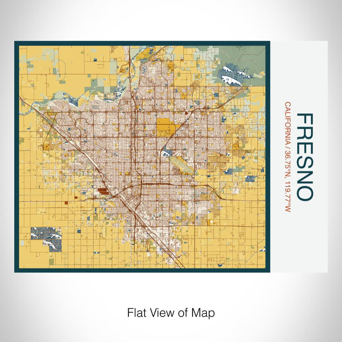 Rendered View of Fresno California Map on 20oz Stainless Steel Insulated Bottle with Bamboo Top with printed woodblock style map