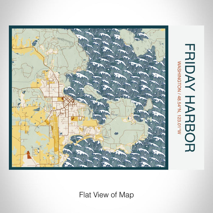 Rendered View of Friday Harbor Washington Map on 20oz Stainless Steel Insulated Bottle with Bamboo Top with printed woodblock style map