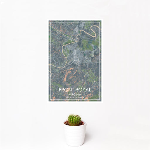 12x18 Front Royal Virginia Map Print Portrait Orientation in Afternoon Style With Small Cactus Plant in White Planter