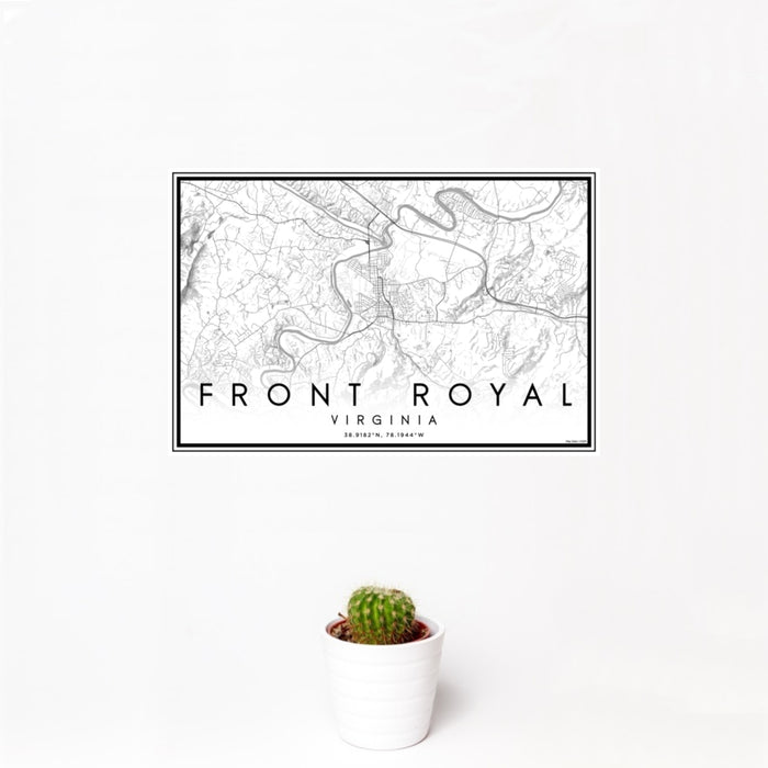 12x18 Front Royal Virginia Map Print Landscape Orientation in Classic Style With Small Cactus Plant in White Planter