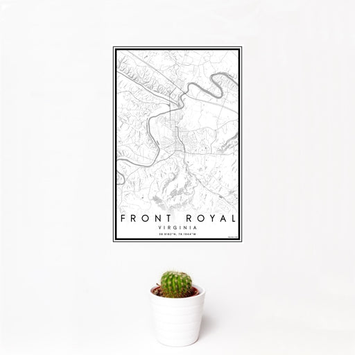 12x18 Front Royal Virginia Map Print Portrait Orientation in Classic Style With Small Cactus Plant in White Planter
