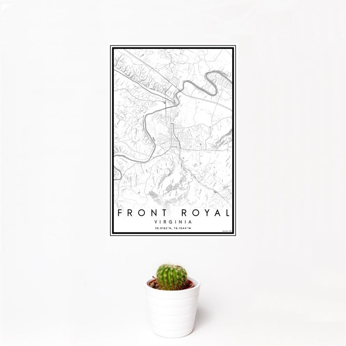 12x18 Front Royal Virginia Map Print Portrait Orientation in Classic Style With Small Cactus Plant in White Planter