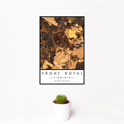 12x18 Front Royal Virginia Map Print Portrait Orientation in Ember Style With Small Cactus Plant in White Planter
