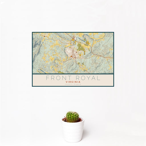 12x18 Front Royal Virginia Map Print Landscape Orientation in Woodblock Style With Small Cactus Plant in White Planter