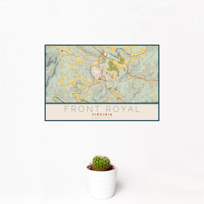 12x18 Front Royal Virginia Map Print Landscape Orientation in Woodblock Style With Small Cactus Plant in White Planter