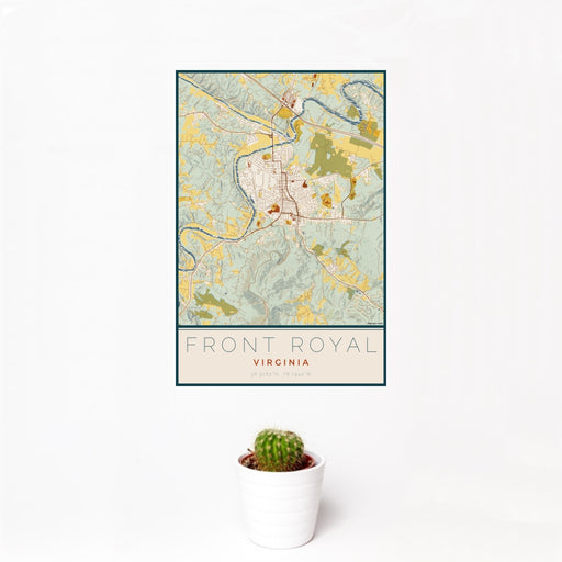12x18 Front Royal Virginia Map Print Portrait Orientation in Woodblock Style With Small Cactus Plant in White Planter
