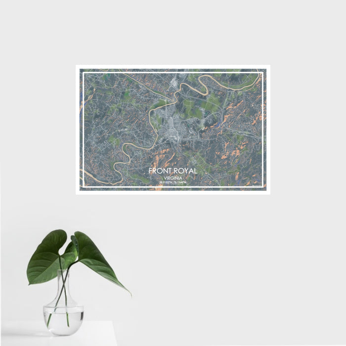 16x24 Front Royal Virginia Map Print Landscape Orientation in Afternoon Style With Tropical Plant Leaves in Water