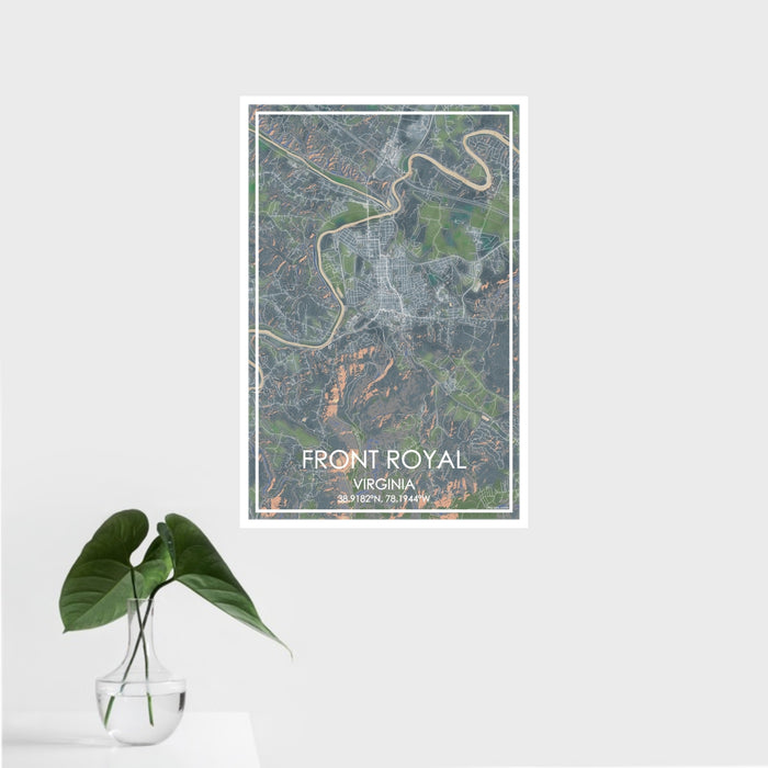 16x24 Front Royal Virginia Map Print Portrait Orientation in Afternoon Style With Tropical Plant Leaves in Water