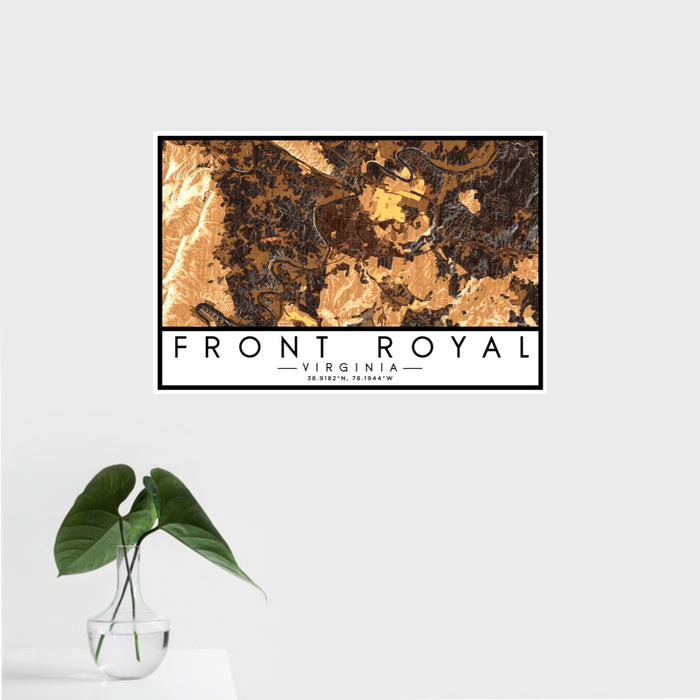 16x24 Front Royal Virginia Map Print Landscape Orientation in Ember Style With Tropical Plant Leaves in Water