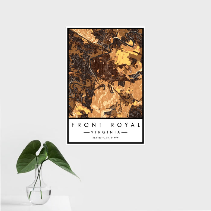16x24 Front Royal Virginia Map Print Portrait Orientation in Ember Style With Tropical Plant Leaves in Water