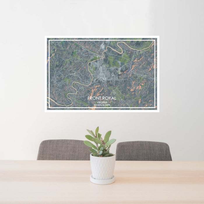 24x36 Front Royal Virginia Map Print Lanscape Orientation in Afternoon Style Behind 2 Chairs Table and Potted Plant