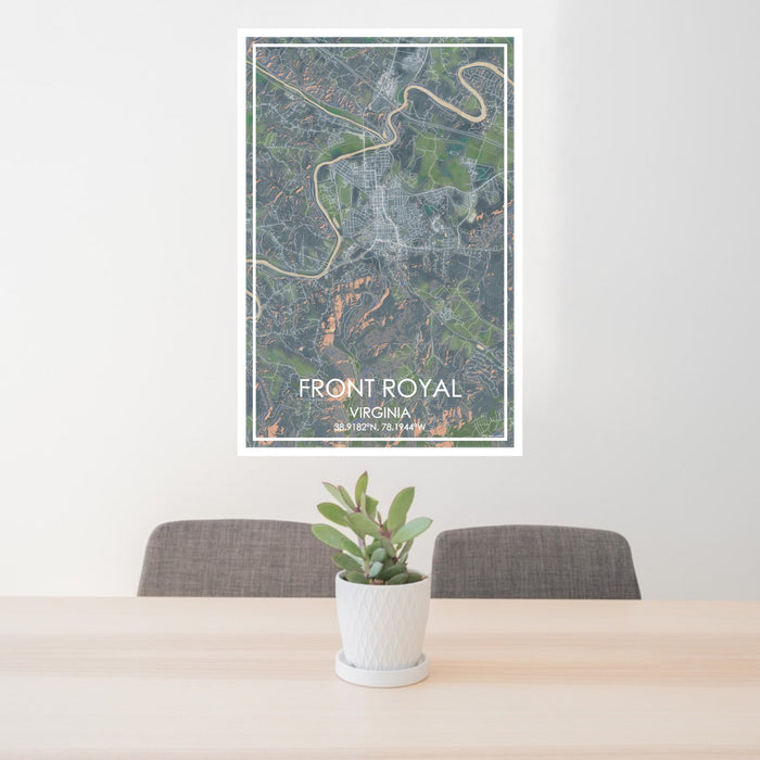 24x36 Front Royal Virginia Map Print Portrait Orientation in Afternoon Style Behind 2 Chairs Table and Potted Plant