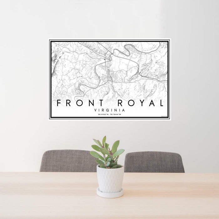 24x36 Front Royal Virginia Map Print Lanscape Orientation in Classic Style Behind 2 Chairs Table and Potted Plant