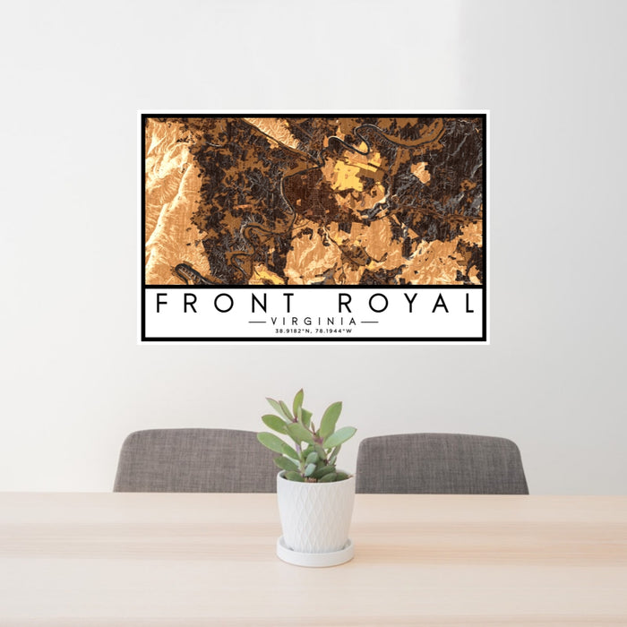 24x36 Front Royal Virginia Map Print Lanscape Orientation in Ember Style Behind 2 Chairs Table and Potted Plant