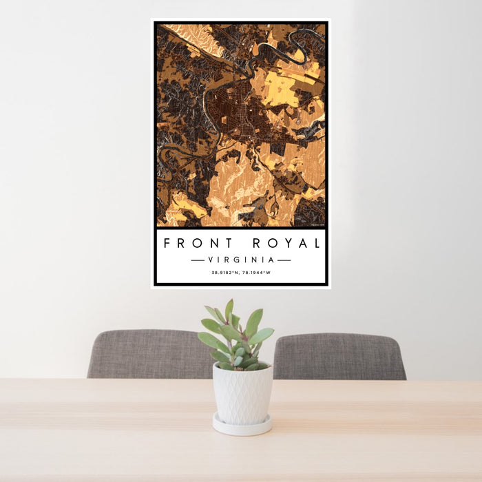 24x36 Front Royal Virginia Map Print Portrait Orientation in Ember Style Behind 2 Chairs Table and Potted Plant